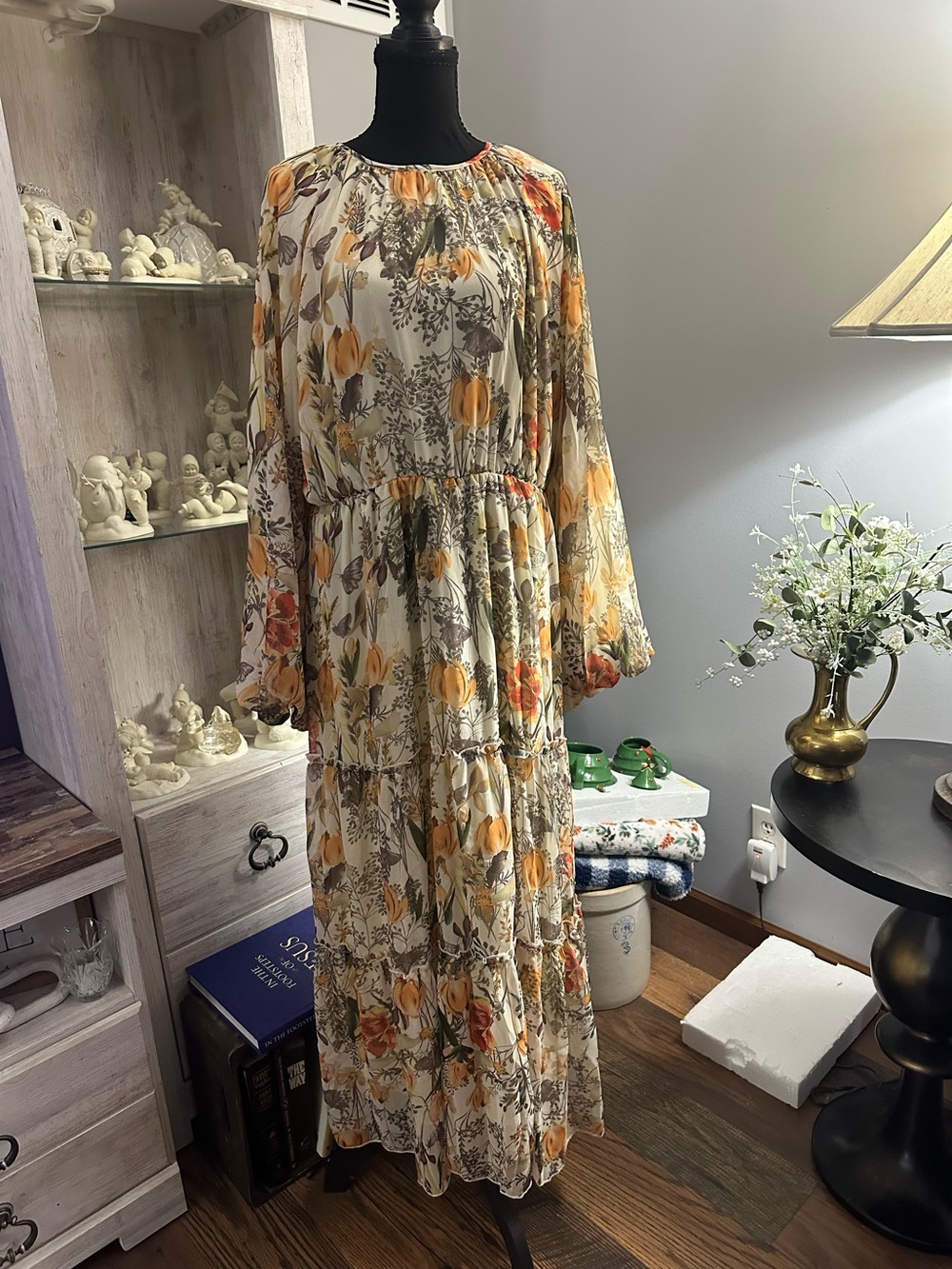 Floral Tiered Maxi Dress in Cream and Mustard